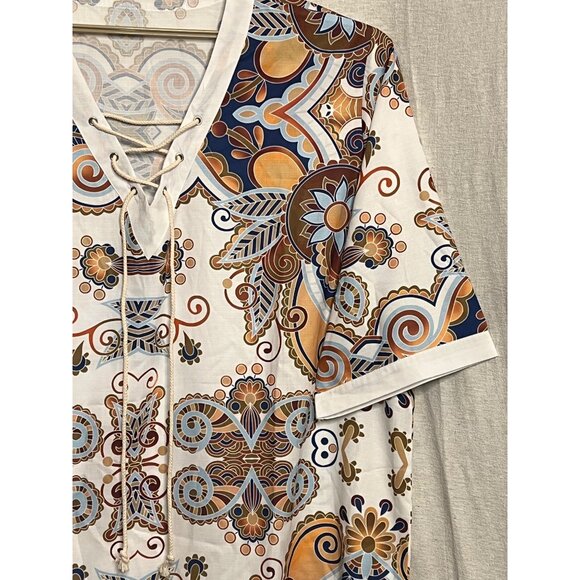 VGT-Inspired Multicolor Paisley Short-Sleeve Blouse With Lace-Up Neckline 3XL - Picture 5 of 16